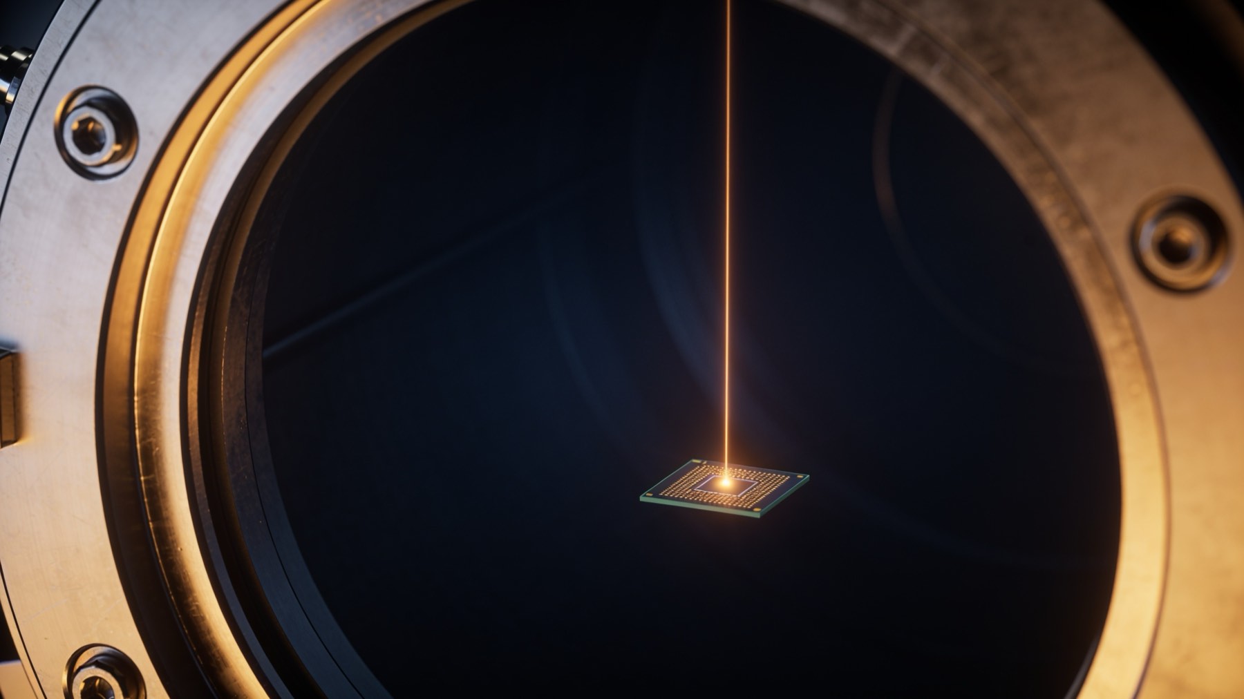 An ion-trap chip under laser illumination inside a vacuum chamber